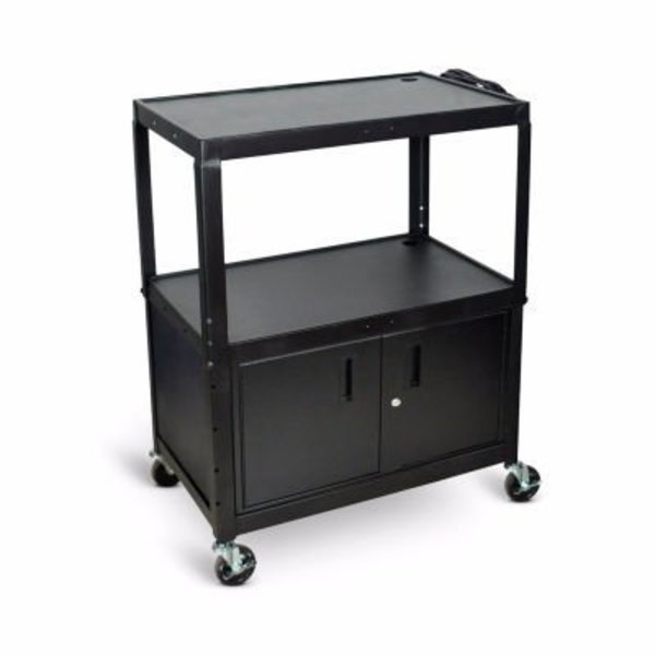 Luxor Extra Large Adj Height Steel AV Cart w/ Cabinet, 3 Shelves, Blk, Electric, 24